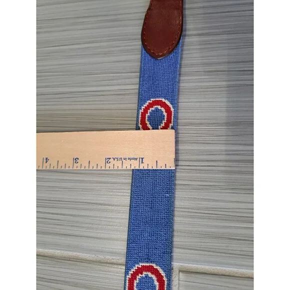 Smathers & Branson Cubs Hand-Stitched Needlepoint Leather Belt Blue Size 44 Men - Picture 11 of 13